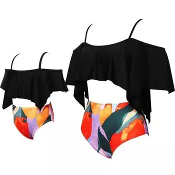 Новый раздельный купальник для родителей и детей, женский купальник с оборками и листьями, бикини для матери и дочери в одном стиле children 104 yards чёрный