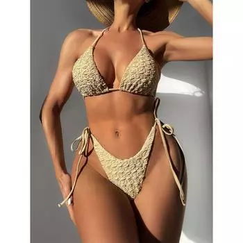 Новый раздельный купальник с бретельками на шее, европейский и американский, с высокой талией, трехточечный купальник-бикини для женщин на горячем источнике S темные хаки