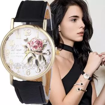 Новый ремень из искусственной кожи с новым узором розы, модные часы с принтом, женские кварцевые наручные часы для повседневных девушек красный