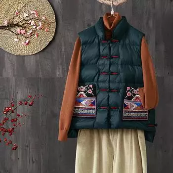 Новый ретро этнический пуховый жилет женский верхняя одежда пряжка белый утиный пух карман вышитый жилет пуховая подкладка M красный