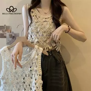 Новый ретро ажурный жилет без рукавов, блузка, женская мода, летние повседневные топы на бретелях one size белый