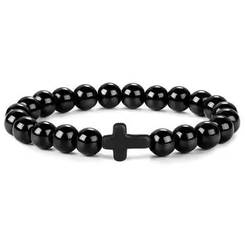 Новый Ретро Браслет с Крестом из Натурального Камня Камень Тигровый Глаз Лава Вулканический Камень Эластичные Бусины Мужской Браслет