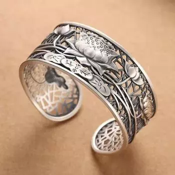 Новый ретро-браслет в этническом стиле, старый супер широкий полый браслет в форме лотоса для мамы и подруги, ювелирные аксессуары белый