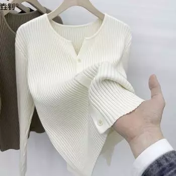 Новый ретро французский весенне-осенний вязаный кардиган в полоску женский свитер куртка с низом свободный верх M recommends 95-52.5 kg света кофе