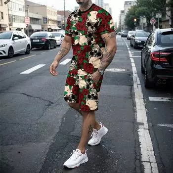 Новый ретро индивидуальный беговой летний 3D повседневный спортивный мужской комплект, футболка с короткими рукавами + уличные шорты, комплект из двух предметов 5XL