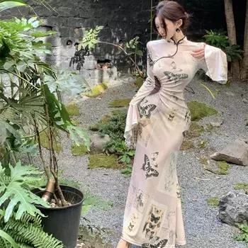 Новый ретро-китайский кружевной Cheongsam с кружевным принтом и длинная юбка с ягодицами и рыбьим хвостом