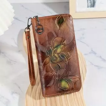 Новый ретро-кошелек, длинный тисненый тисненый кошелек для мелочи, кошелек на молнии, узор, многофункциональная сумка-клатч, сумка для мобильного телефона, кошелек чёрный