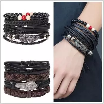 Новый ретро многослойный плетеный комбинированный браслет, веревка из коровьей кожи, модный трендовый кожаный браслет, унисекс