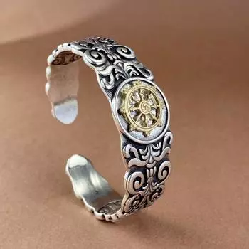 Новый ретро-руль для лодки Tang Grass Flower с большим и стильным открывающимся браслетом UNISEX one size(16-22CM) серебряный