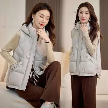 Новый ромбовидный осенне-зимний женский легкий жилет без рукавов с капюшоном, однотонный, утолщенный, теплый, спортивный, повседневный, свободный, легкий жакет M