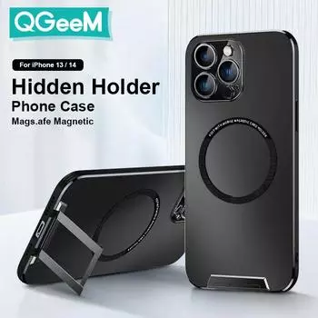 Новый роскошный матовый чехол для телефона с магнитной металлической подставкой для объектива для iPhone 14 13 Pro Max для Mag, беспроводная магнитная зарядка, задняя крышка For iPhone 13 чёрный