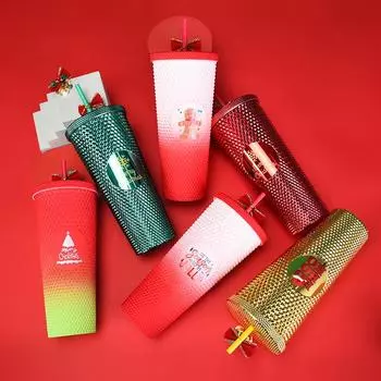 Новый рождественский 710 мл большой емкости двухслойный пластиковый стаканчик с трубочкой креативные ручные стаканчики рождественская бутылка с трубочкой постепенного изменения