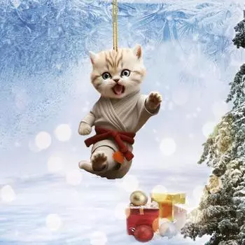Новый самолет 2D Рождество Креативный Кунг-фу Кот Рождественский Подвеска для дома и автомобиля Рождественские елочные украшения Акриловый плоский кулон Кошелек Подвеска