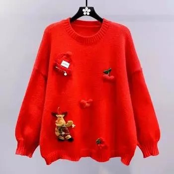 Новый рождественский женский свитер, мягкий клейкий милый женский трикотаж, осенне-зимний красный пуловер с круглым вырезом и длинными рукавами