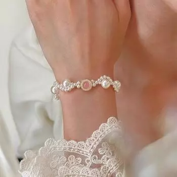 Новый розовый браслет с хрустальным жемчугом, модный браслет с имитацией жемчуга, браслет ручной работы, регулируемый женский подарок на праздник и вечеринку