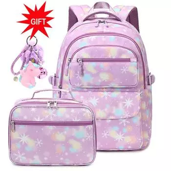 Новый рюкзак для девочек начальная школа ранцы набор с ланч-бокс дети большой емкости водонепроницаемый Mochila Infantil Escolar фиолетовый