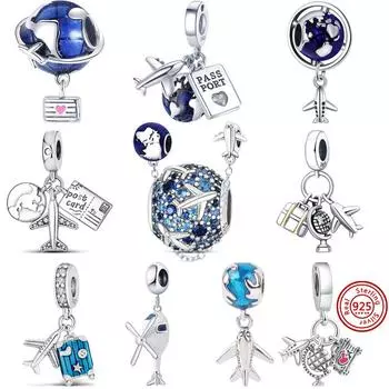 Новый S925 серебро синий земля чемодан путешествия самолет модный кулон DIY бусины подходят оригинальные подвески браслет роскошные ювелирные изделия