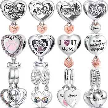 Новый S925 серебро «Я люблю маму», принт в виде лапы друга, сердце, семейный кулон, блестящие бусины, подходят для оригинальных подвесок, браслетов, роскошные ювелирные изделия