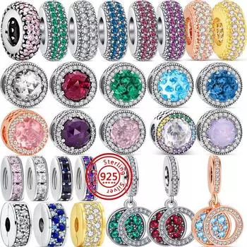 Новый S925 стерлингового серебра цветной циркон паве сверкающий тонкий бисер подходит оригинальный браслет с подвесками для женщин DIY ювелирные изделия подарок