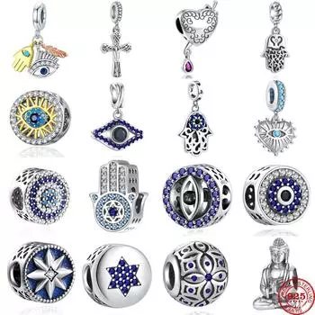 Новый S925 стерлингового серебра Голубой глаз и Греция Христос Крест Будда Подвески из бисера подходят оригинальные браслеты Шарм DIY женские ювелирные изделия