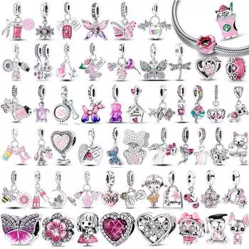 Новый S925 Стерлингового Серебра Розовая Серия Подвески в форме Сердца Бусины Подходит S925 Оригинальные Браслеты DIY Ювелирные Изделия На День Матери Подарок Для Мамы