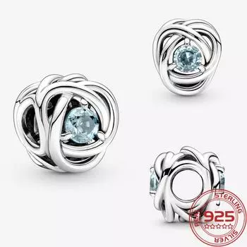 Новый S925 стерлингового серебра шарм подходит модный браслет мартовский камень рождения ажурный вечность круг шарм DIY День памяти ювелирные изделия подарок