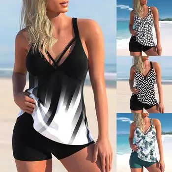 Новый S-5XL нагрудный купальник с высокой талией, женский купальник большого размера из двух предметов, сексуальные тонкие толстые бикини-боксеры, консервативный женский купальник S чёрный/белый