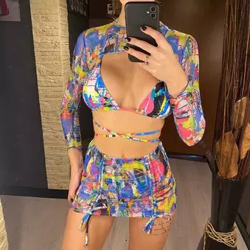 Новый с юбкой, длинным рукавом, напечатанный халтер, бикини, женский купальник, женский купальник, комплект бикини из четырех частей, купальный костюм S