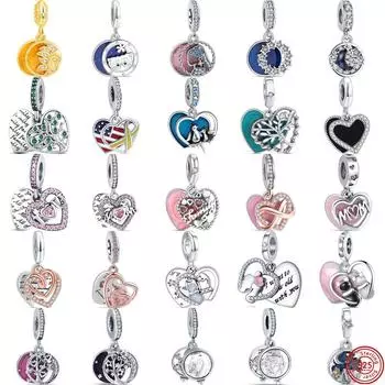 Новый серебряный кулон S925 «Луна, дерево, я люблю маму», блестящие бусины с паве, подходят для оригинальных подвесок, браслетов, «сделай сам», для женщин, ювелирных изделий