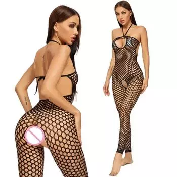 Новый сетчатый комбинезон-боди с лямками на шее, нижнее белье, сексуальная пижама, сексуальные женские открытые промежности, сексуальный костюм, черные эластичные носки для тела One Size