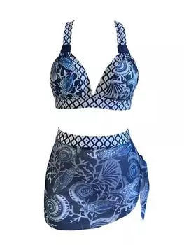 Новый сетчатый купальник-тройка с принтом и разрезом, модный L синий