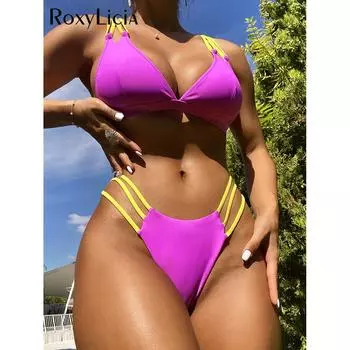 Новый сексуальный бикини с перекрестной спинкой на бретельках, женский купальник с высоким вырезом, женский купальник, комплект бикини из двух предметов, купальный костюм для плавания S фиолетовый