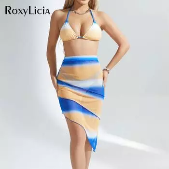 Новый сексуальный бикини с юбкой-халтер, женский купальник, женский купальник, комплект бикини из трех частей, купальный костюм, купальный костюм S синий/жёлтый