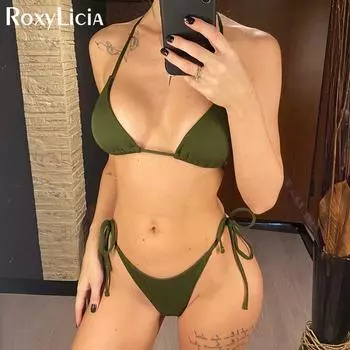 Новый сексуальный бикини в рубчик с лямкой на шее, женский купальник, женский купальник, комплект бикини из двух предметов, мягкий купальный костюм, купальный костюм для женщин S кофейный