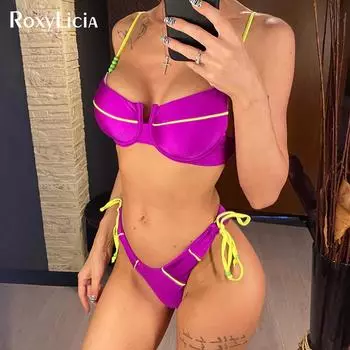 Новый сексуальный бразильский бикини на косточках с бретельками женский купальник женский купальник из двух частей комплект бикини купальный костюм купальный костюм S фиолетовый
