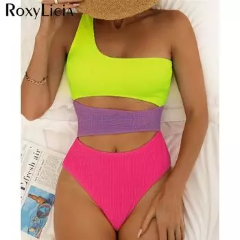 Новый сексуальный цельный купальник на одно плечо с морщинистым жатым вырезом, женский купальник, женский купальный костюм для плавания S фиолетовый/розовый