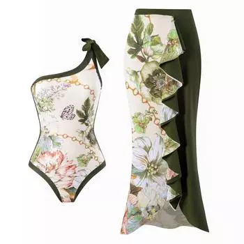 Новый сексуальный цельный купальник женский ретро купальник на одно плечо шифоновая пляжная юбка купальник комплект S