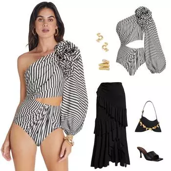 Новый сексуальный цельный купальник для женщин, плиссированный, с оборками, полосатый купальник, сетчатая длинная юбка S