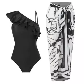Новый сексуальный цельный купальник из двух частей, женский купальник на одно плечо из шифона с принтом и юбкой S