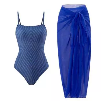 Новый сексуальный цельный купальник женский полосатый принт купальник шифоновый юбка костюм S