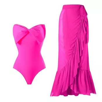 Новый сексуальный цельный купальник женский однотонный бант сетчатая юбка купальник комплект S