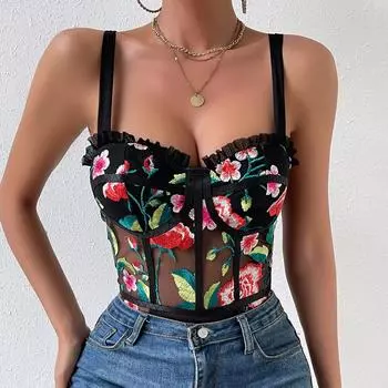 Новый сексуальный фрагментированный боди с цветочной вышивкой и перспективным деревянным ушным краем M чёрный