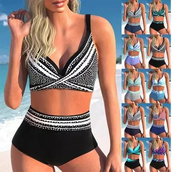 Новый сексуальный комплект бикини с низкой талией, женский купальник с пуш-ап, пляжный купальник из двух предметов с принтом, S-5XL XL чёрный