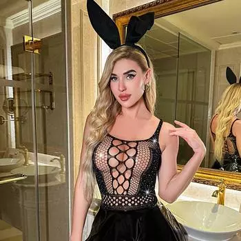 Новый сексуальный костюм, сексуальное сетчатое пальто с отверстиями, горячий бриллиантовый комбинезон в виде страстной девушки-кролика из искусственной кожи S