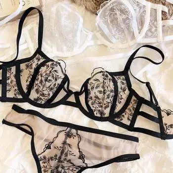 Новый сексуальный кружевной бюстгальтер с вышивкой пуш-ап, комплект нижнего белья, французский ультратонкий летний дышащий комплект нижнего белья, бюстгальтер, трусы, комплект стрингов 70B чёрный
