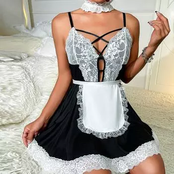 Новый сексуальный кружевной глубокий V-образный вырез на бретельках соблазнительная униформа горничной соблазнительный секс-костюм женский S
