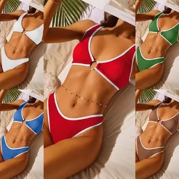 Новый сексуальный купальник-бикини с кольцом, однотонный купальник для пит-бара, женская мода, комплект бикини с динамическими полосками S коричневый