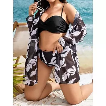 Новый сексуальный купальник из трех частей с черно-белым принтом, большой размер, пляжный купальник 0XL чёрный