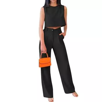 Новый сексуальный модный женский однотонный жилет без рукавов, топ, брюки, костюм L чёрный