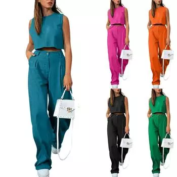 Новый сексуальный модный женский однотонный жилет без рукавов, топ, брюки, костюм L чёрный